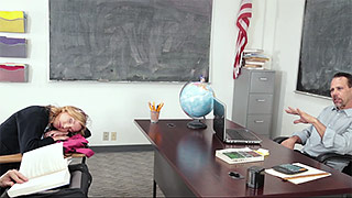 Blonde sexy schoolgirl gets drilled in the classroom